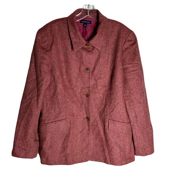 LANDS' END Womens Wool Tweed Jacket Herringbone Button Front Long Sleeve Pink 14 - Picture 1 of 8